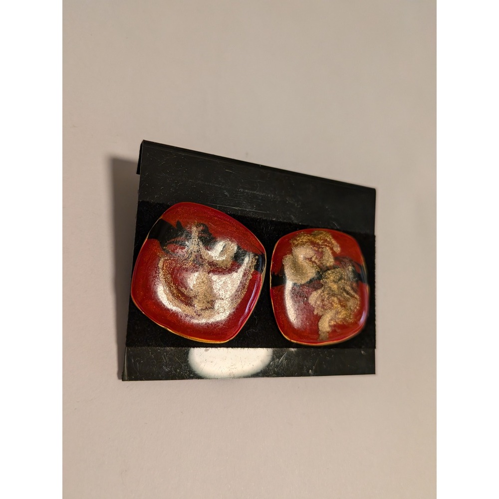 Vintage‎ Red Abstract Enamel Square Stud Earrings Gold Black Swirl Statement